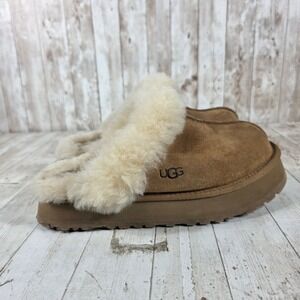 UGG Disquette Chestnut Suede Platform Sheepskin Slippers 1122550 Womens 8
